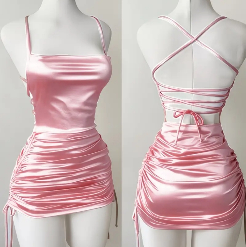 Pink Satin Drawstring Ruched Criss-cross Back Adjustable Length Mini Dress (M)